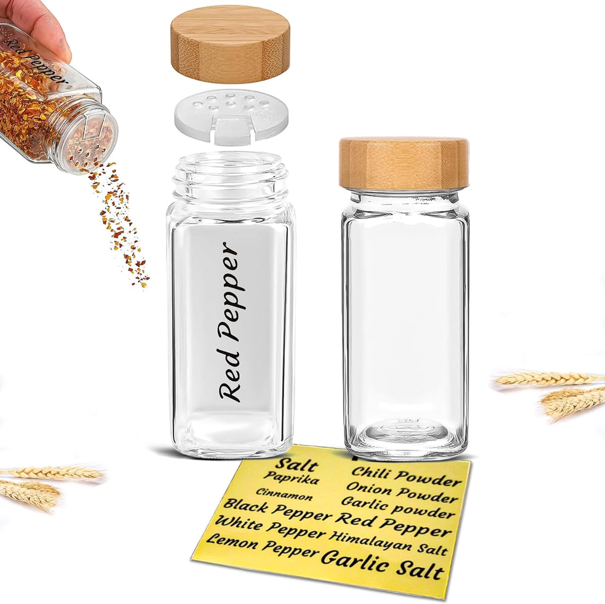 2 Pack 4 oz Clear Square Glass Spice Jars with Bamboo Airtight Lids and Shaker Lids J801