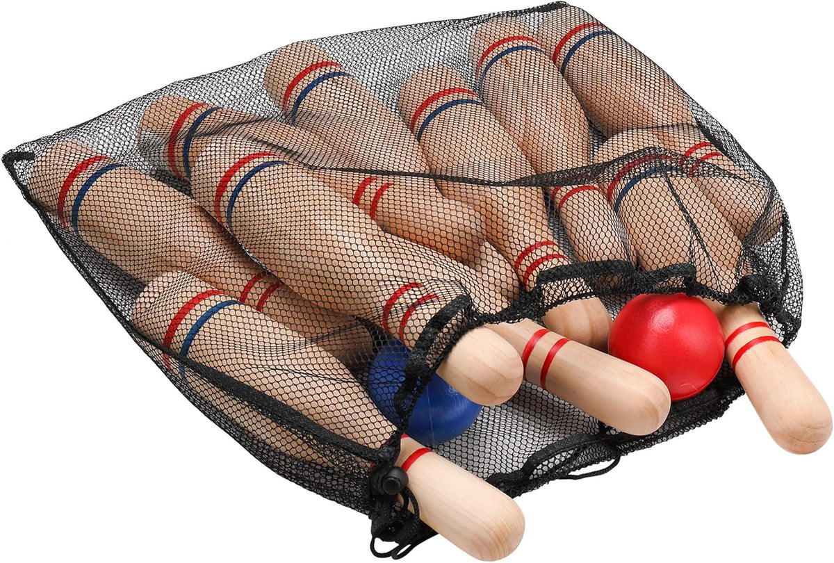 11 Pins Wooden Lawn Bowling Skittles Set with Carrying Mesh Bag V206303