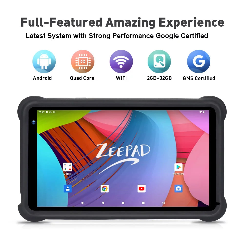 Black 7inch Kids Tablet Computer Android 12 32GB Storage Touch Screen A390