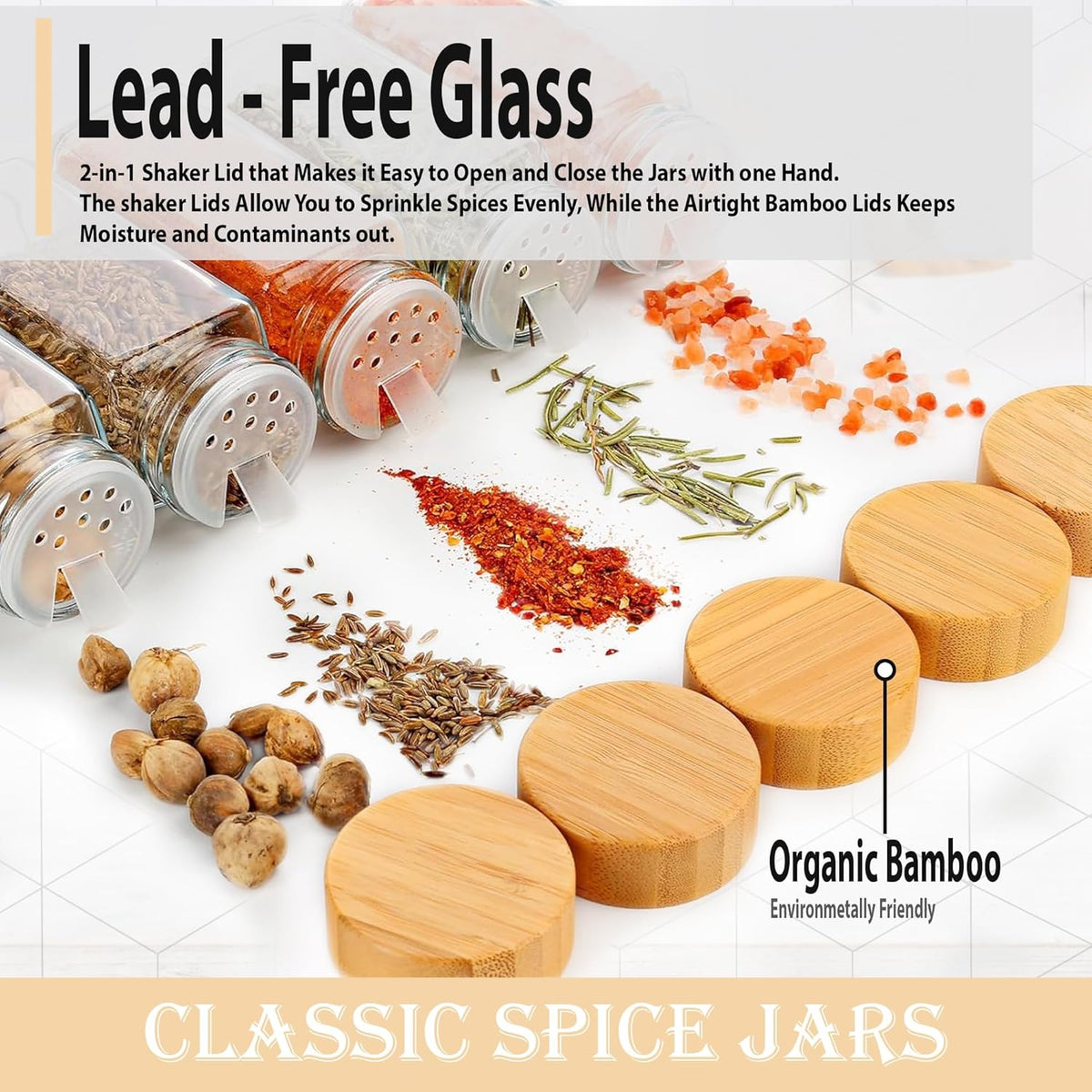 2 Pack 4 oz Clear Square Glass Spice Jars with Bamboo Airtight Lids and Shaker Lids J801