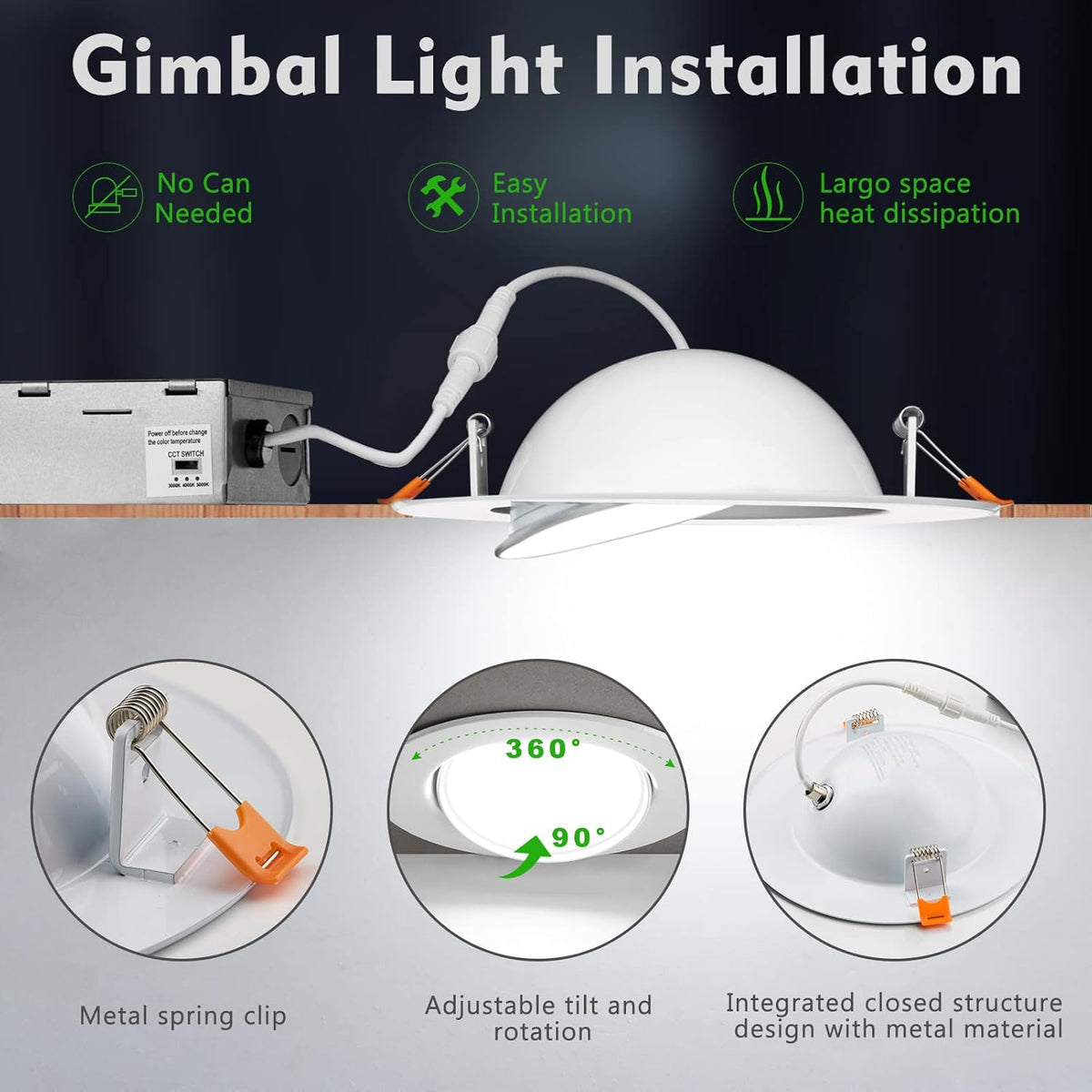 12 Pack 5/6 Inch Gimbal LED Recessed Light, Dimmable, 3000K/4000K/5000K, 12W=110W 1200LM, IC Rated Z249