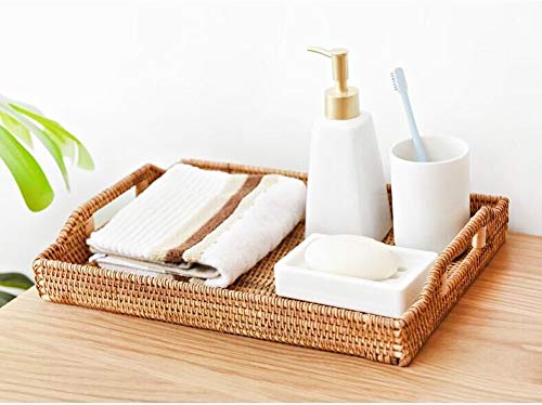 Hand-Woven Rattan Rectangular Serving Tray with Handles (14.5x10.2x1.4inches) U442