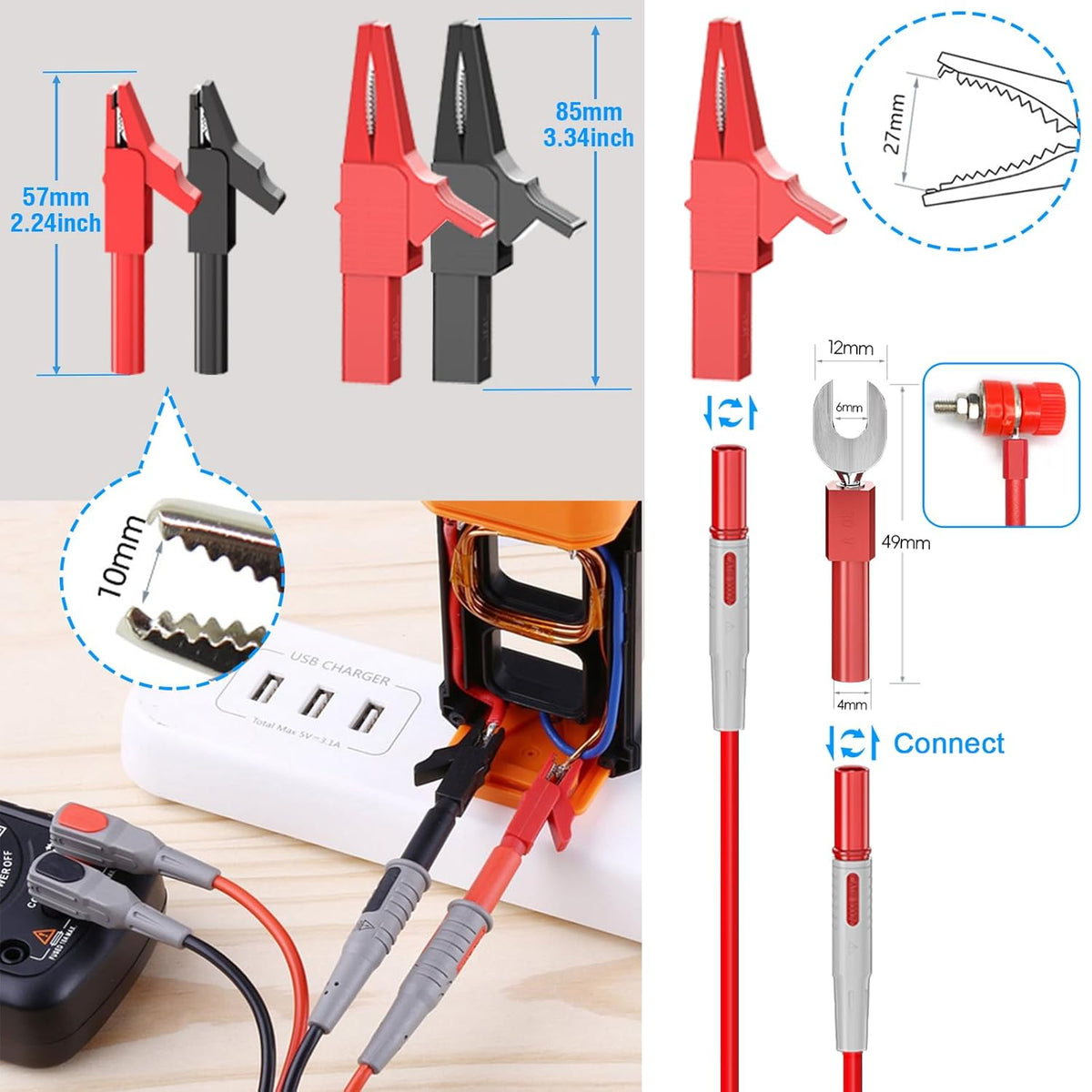 24pcs Professional Electrical Multimeter Test Lead Kit with Tip Probes, Alligator Clips, Test Hook Clips, Spade Plug, Banana Plug J365