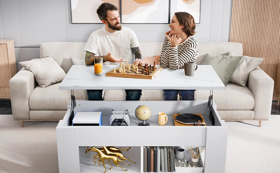 White Lift Top Coffee Table with Storage Compartment and Shelves V66061