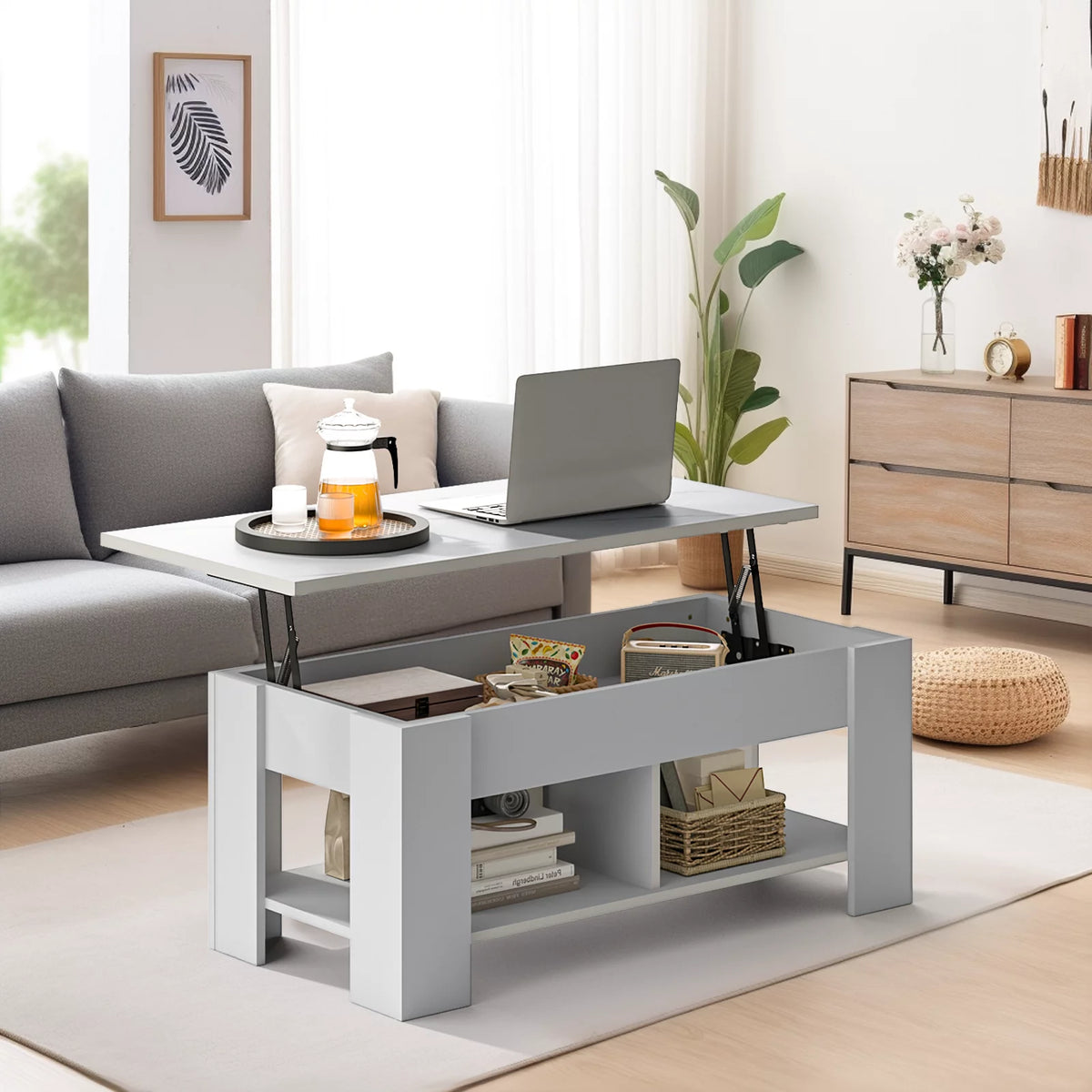 White Lift Top Coffee Table with Storage Compartment and Shelves V66061