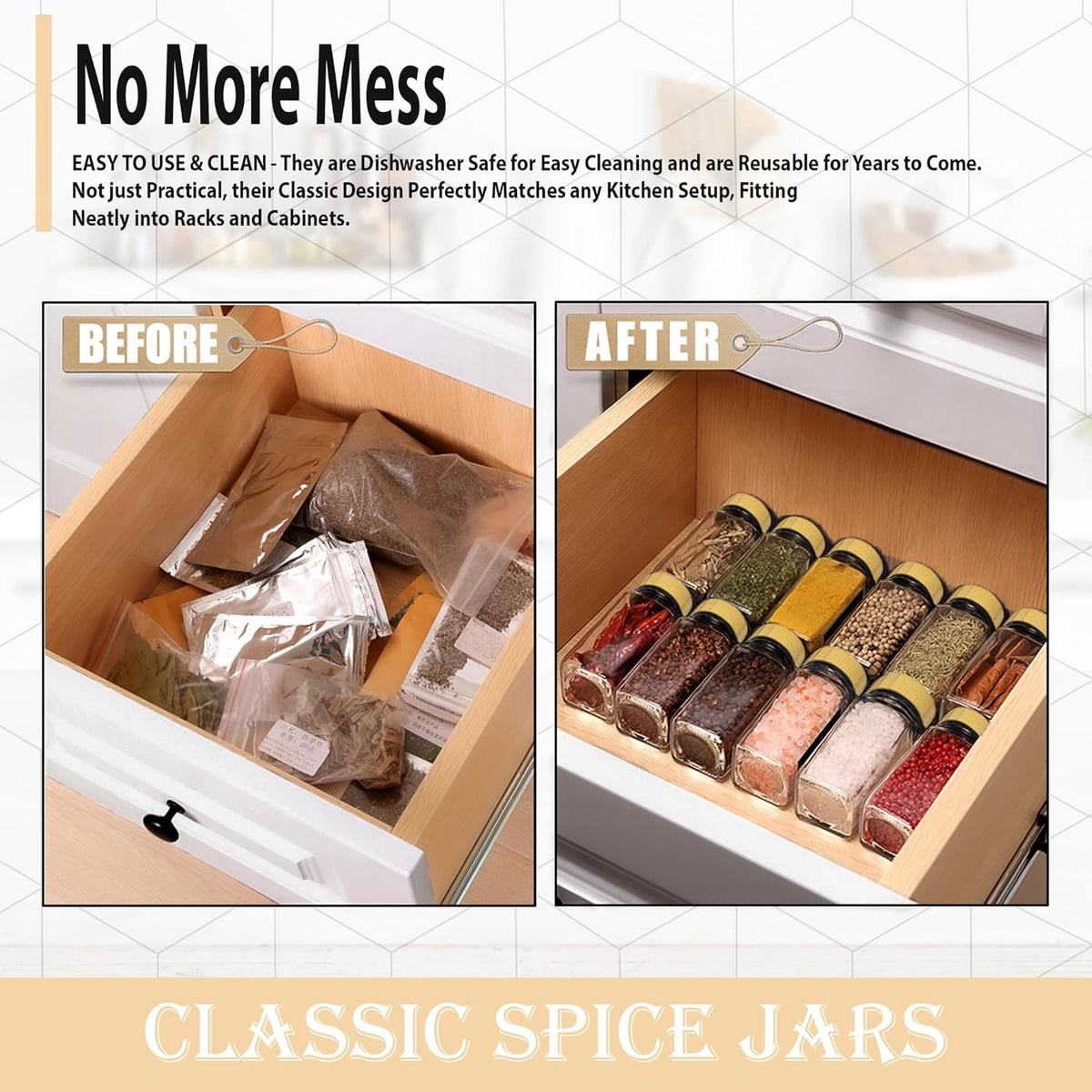 2 Pack 4 oz Clear Square Glass Spice Jars with Bamboo Airtight Lids and Shaker Lids J801