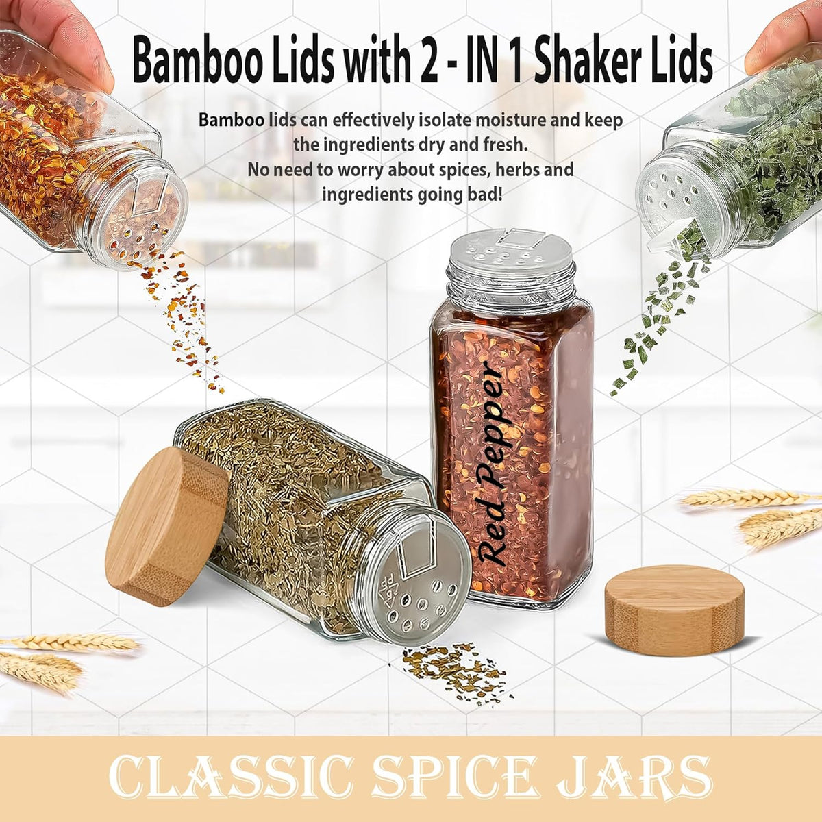 2 Pack 4 oz Clear Square Glass Spice Jars with Bamboo Airtight Lids and Shaker Lids J801