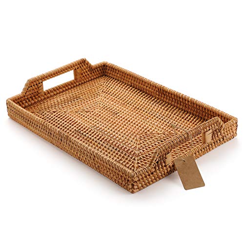 Hand-Woven Rattan Rectangular Serving Tray with Handles (14.5x10.2x1.4inches) U442