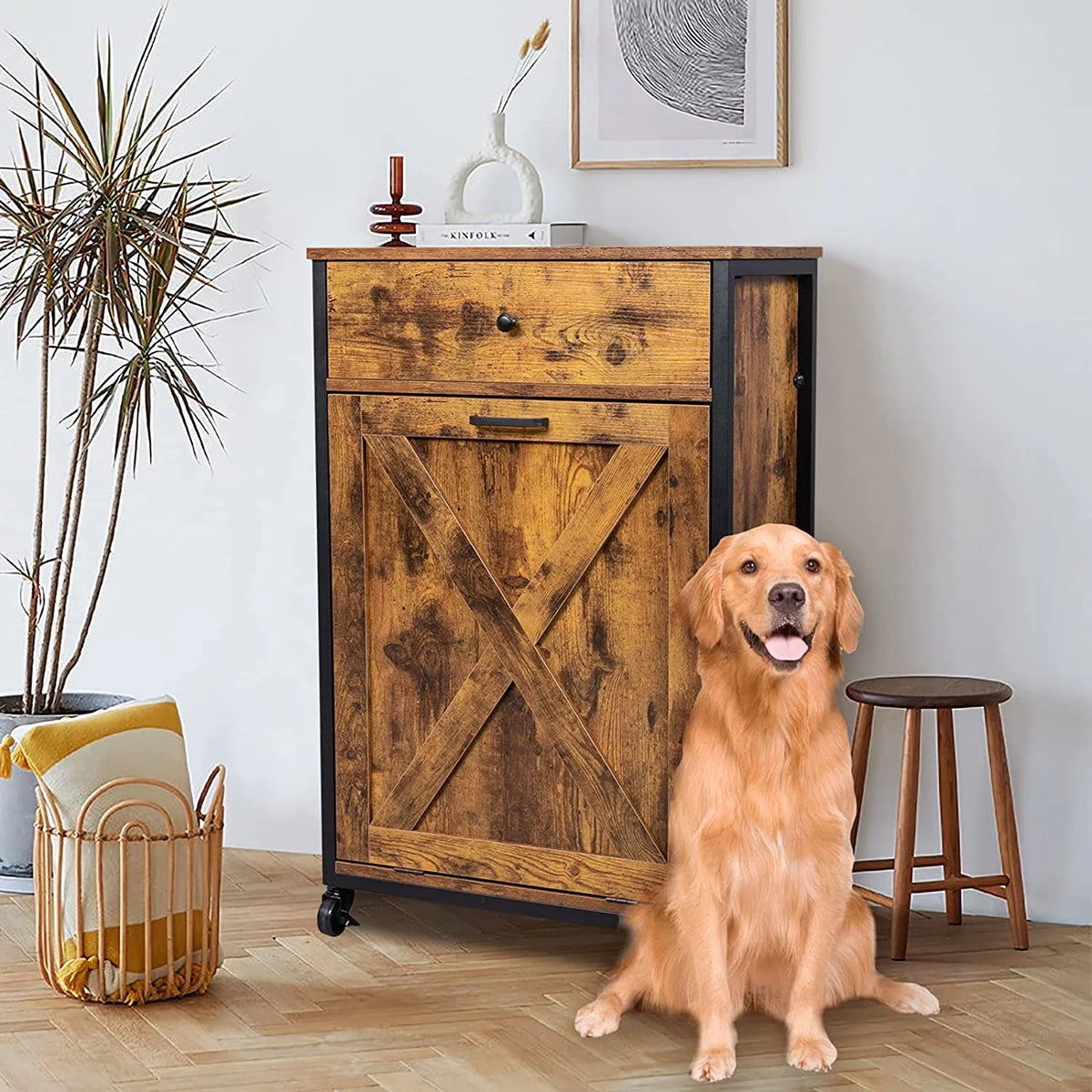 10 Gallon Rustic Brown Tilt Out Trash Cabinet with Drawer Y72839