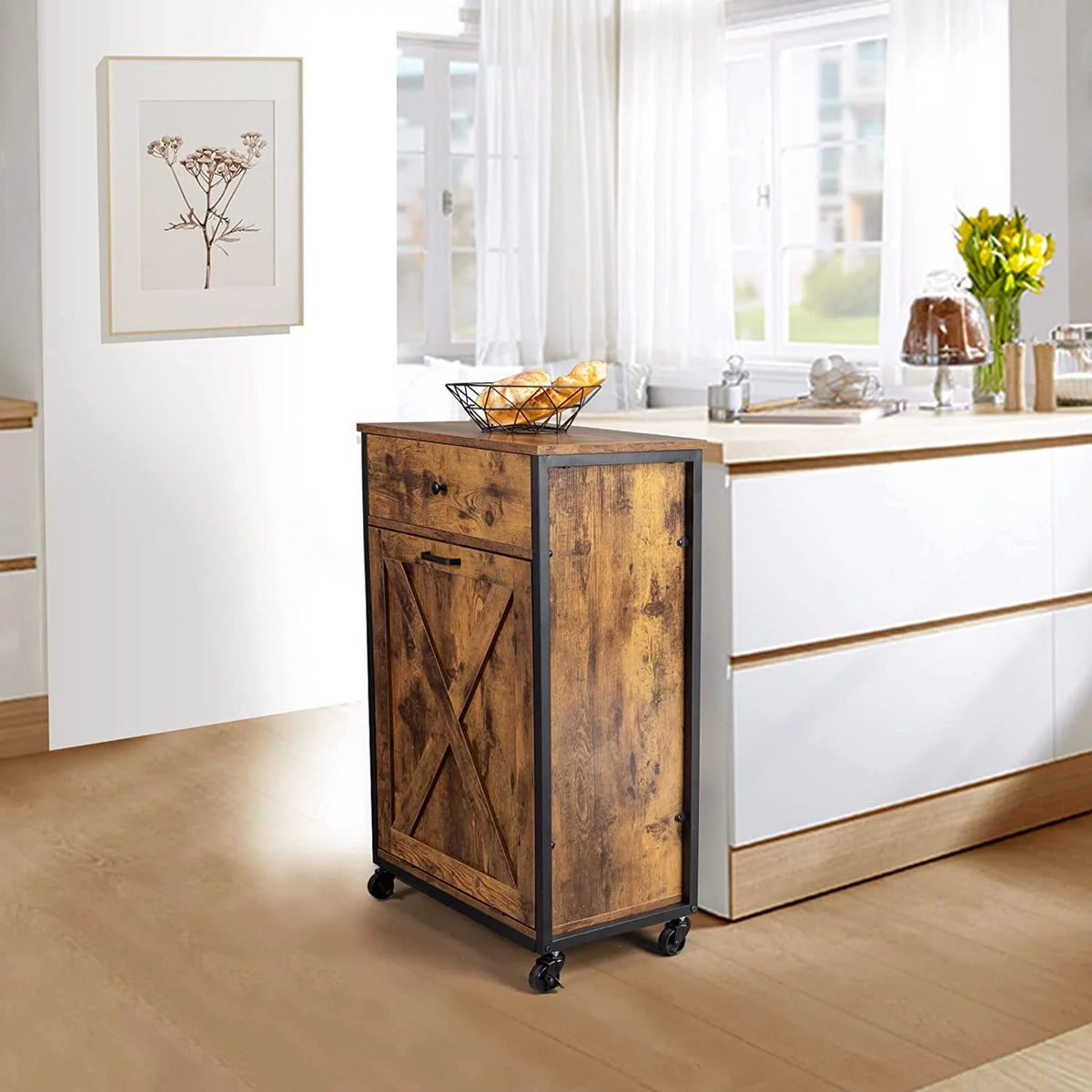 10 Gallon Rustic Brown Tilt Out Trash Cabinet with Drawer Y72839