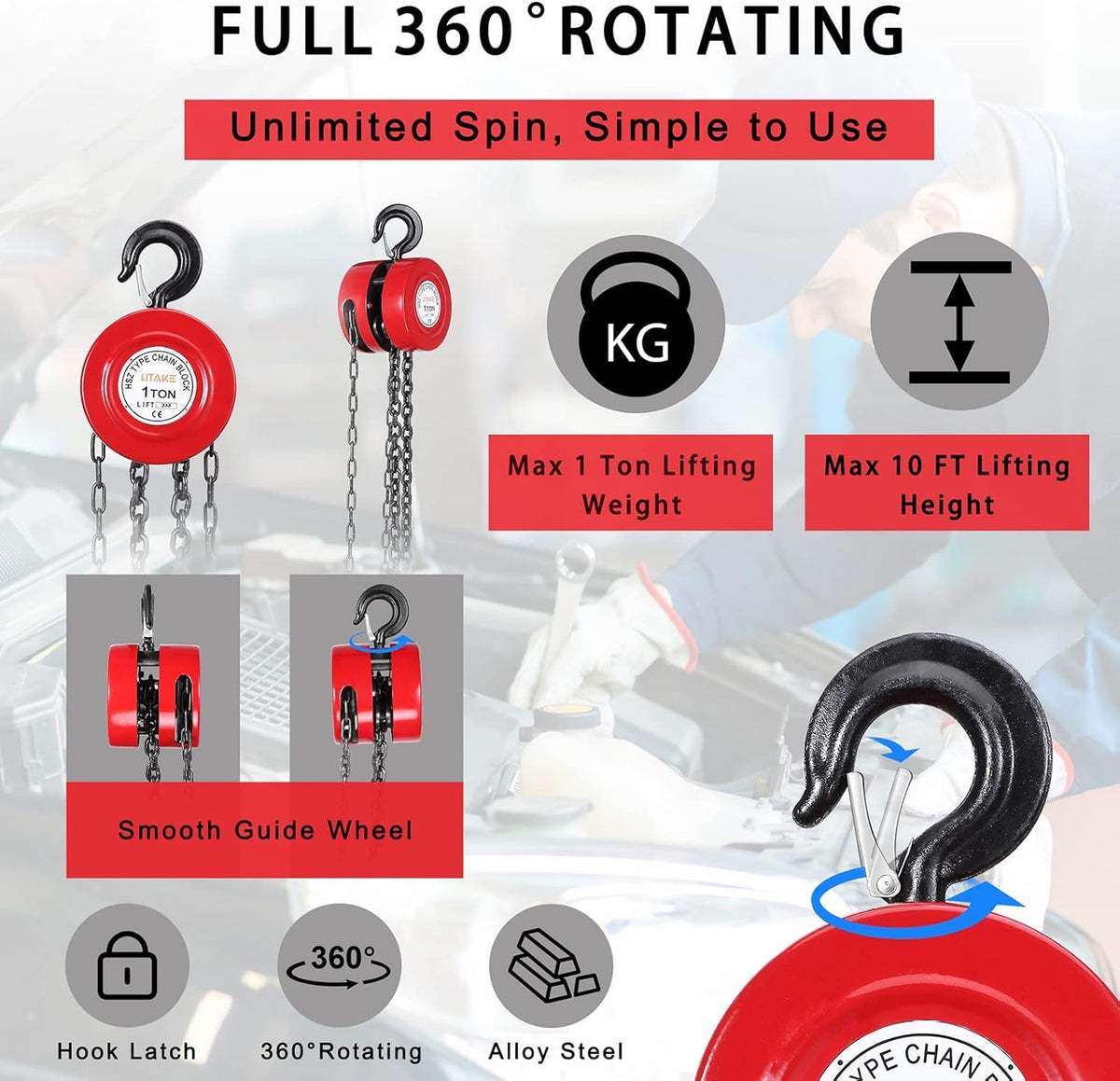 1 Ton 10 Feet Manual Hand Chain Hoist with 2 Hooks, Red Pack of 2 W9839