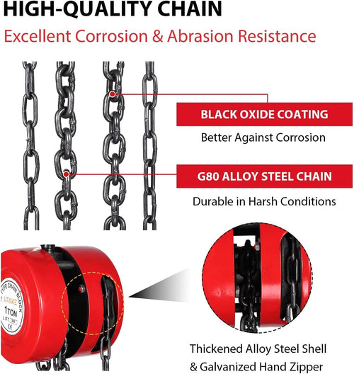 1 Ton 10 Feet Manual Hand Chain Hoist with 2 Hooks, Red Pack of 2 W9839