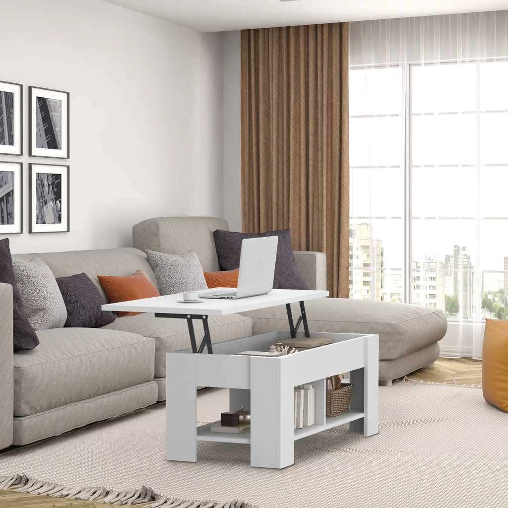 White Lift Top Coffee Table with Storage Compartment and Shelves V66061