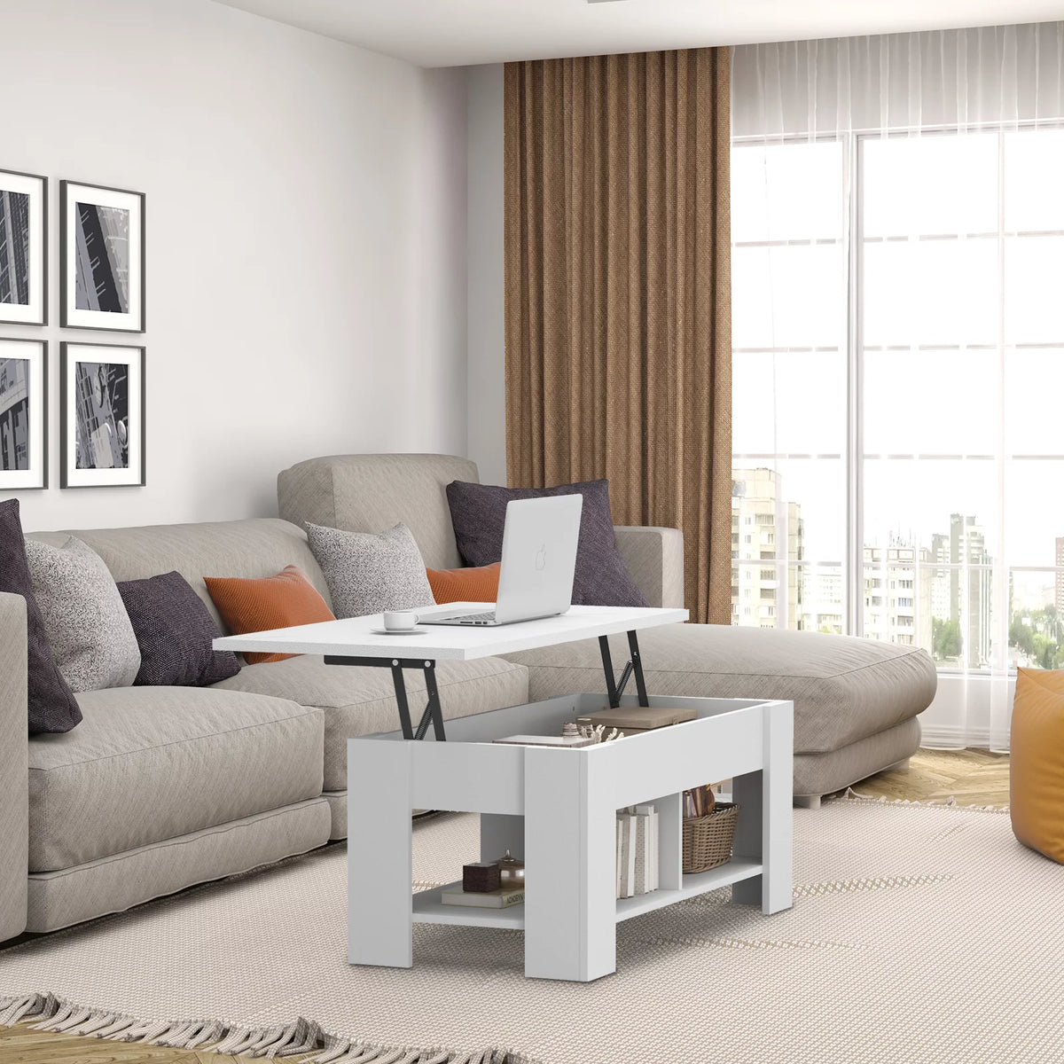 White Lift Top Coffee Table with Storage Compartment and Shelves V66061