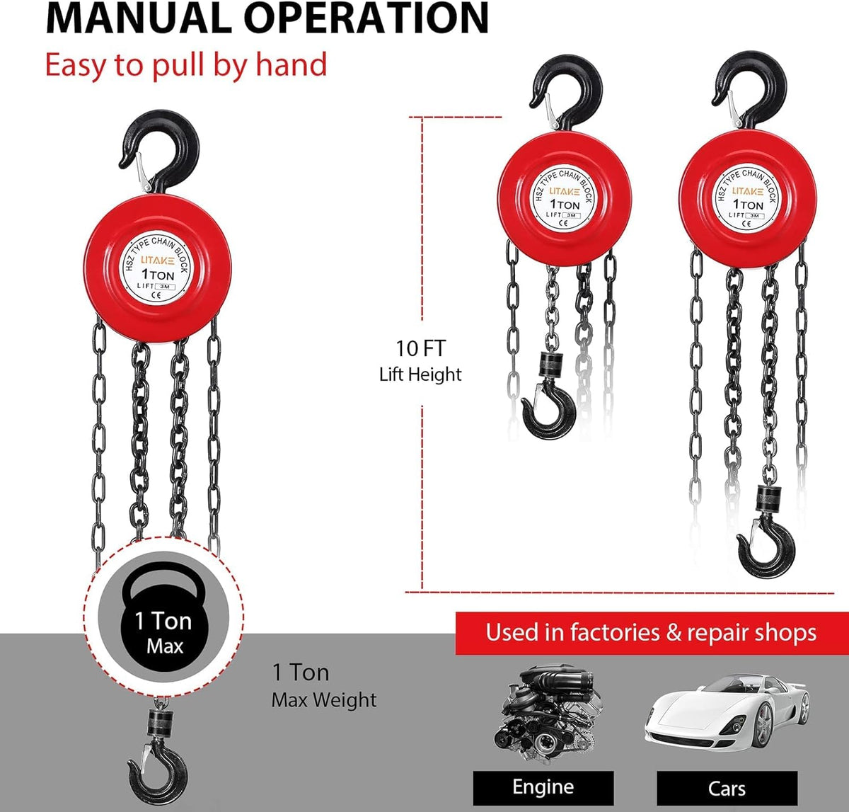 1 Ton 10 Feet Manual Hand Chain Hoist with 2 Hooks, Red Pack of 2 W9839