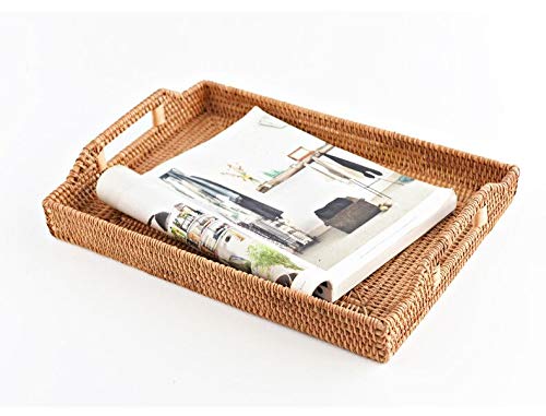 Hand-Woven Rattan Rectangular Serving Tray with Handles (14.5x10.2x1.4inches) U442