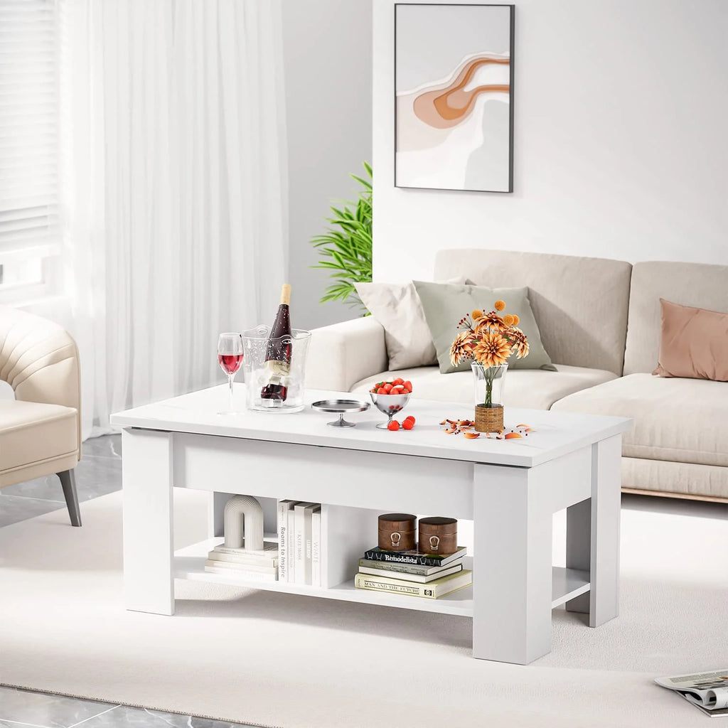 White Lift Top Coffee Table with Storage Compartment and Shelves V66061