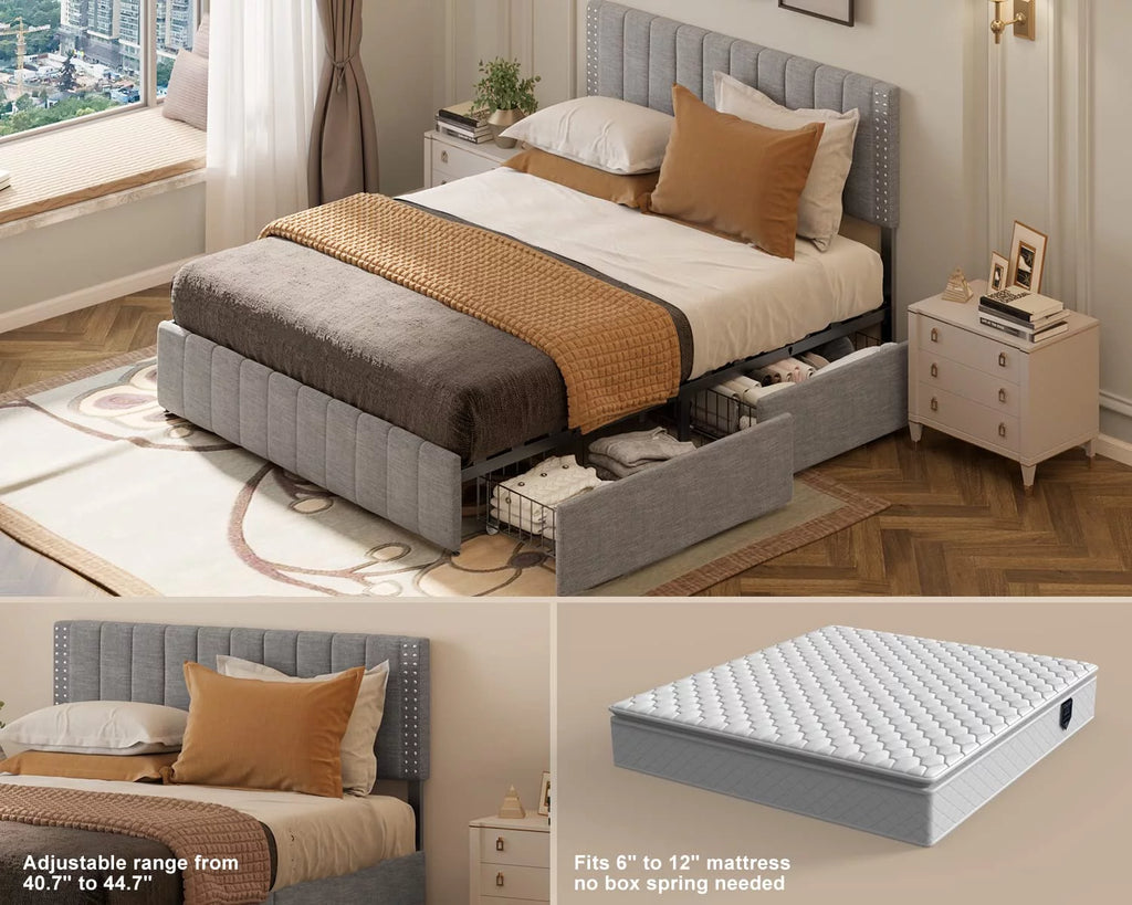 Light Grey Full Size Bed Frame with Storage Drawers M51127