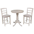 Solid Wood Round Pedestal Counter Height Table & 2 Stools Washed Gray Taupe Set of 3 C124