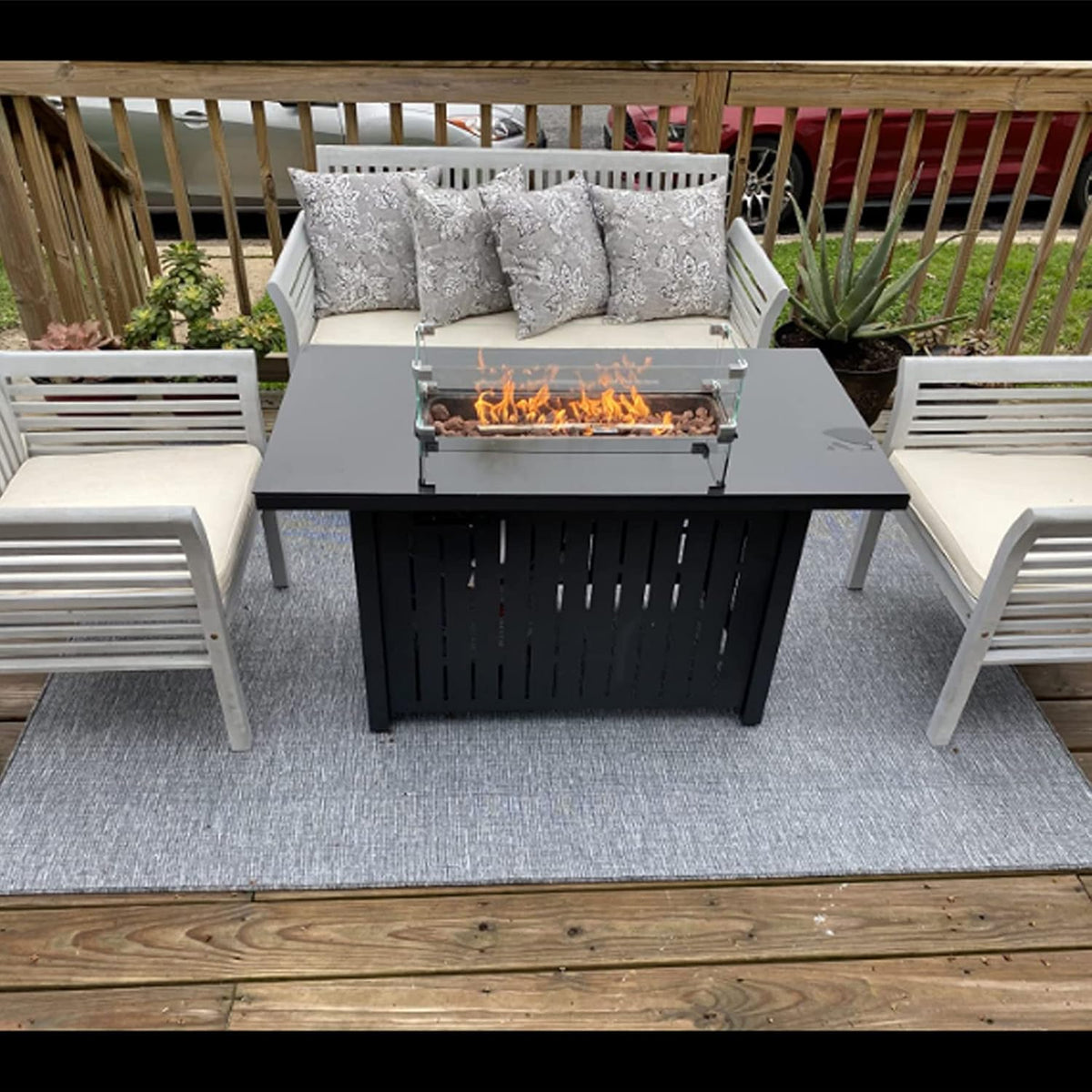 Propane Fire Pit Table 43 in 60,000BTU Auto-Ignition with Glass Wind Guard Q257504
