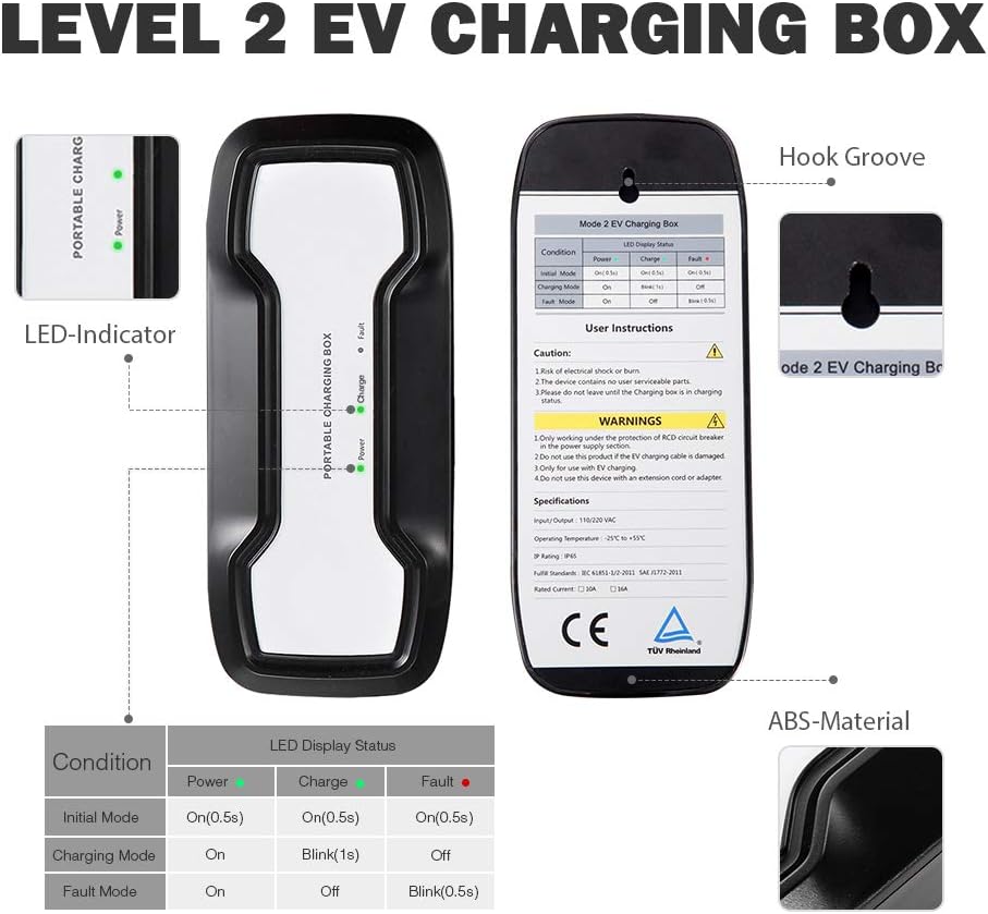 16A Portable EV Charger with NEMA 6-20P Adapter, 100V-240V, SAE J1772 Plug 8m S44514