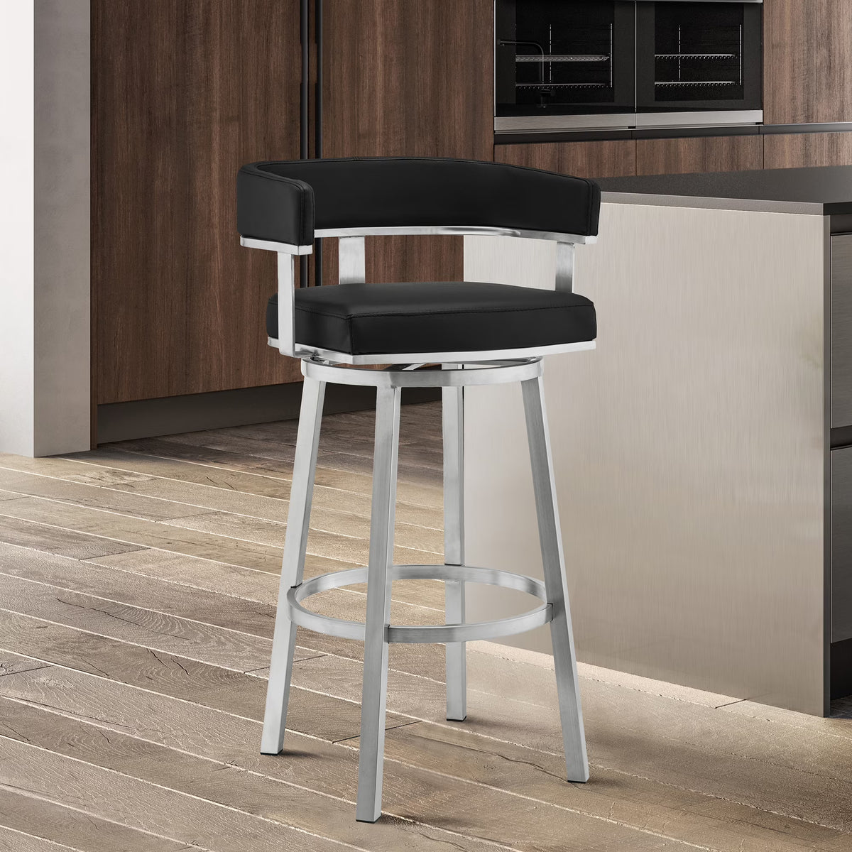 Faux Leather Swivel Bar Stool in Black/Stainless Steel V27646