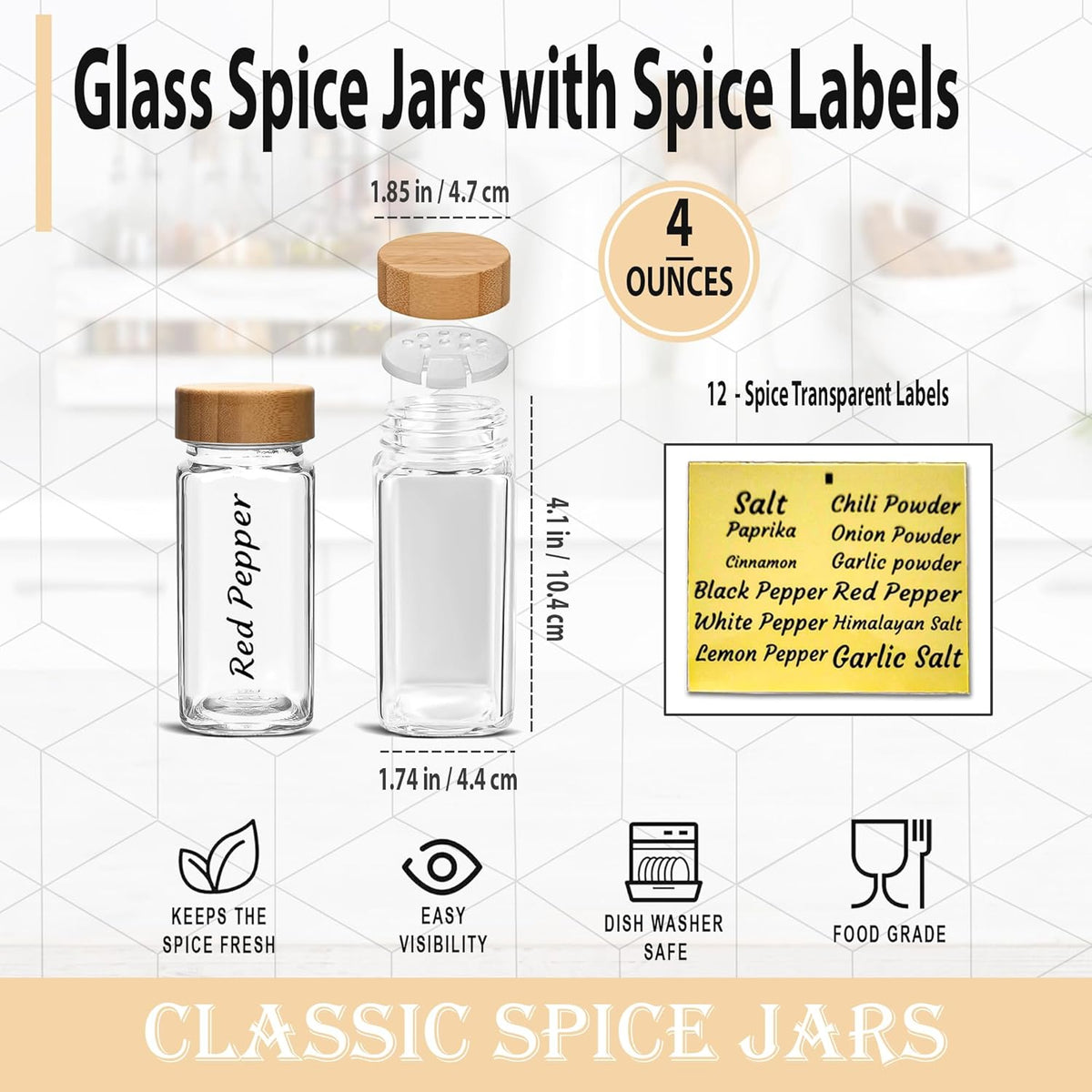2 Pack 4 oz Clear Square Glass Spice Jars with Bamboo Airtight Lids and Shaker Lids J801