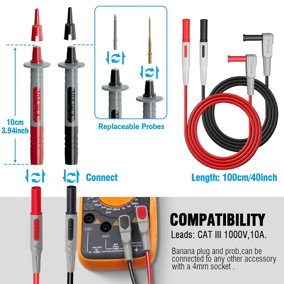 24pcs Professional Electrical Multimeter Test Lead Kit with Tip Probes, Alligator Clips, Test Hook Clips, Spade Plug, Banana Plug J365