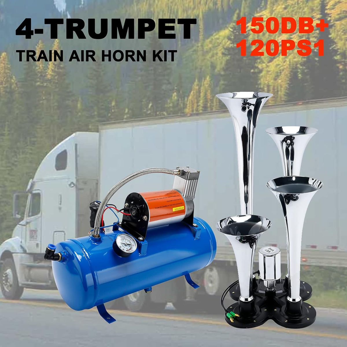 150DB Train Horns Kit with 120 PSI 12V Compressor and Gauge P857