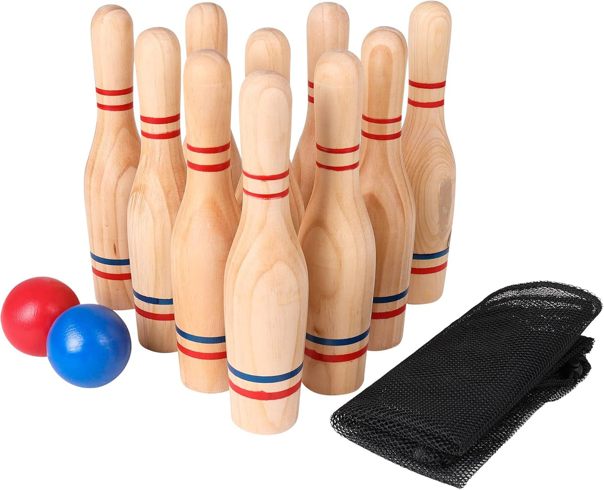 11 Pins Wooden Lawn Bowling Skittles Set with Carrying Mesh Bag V206303