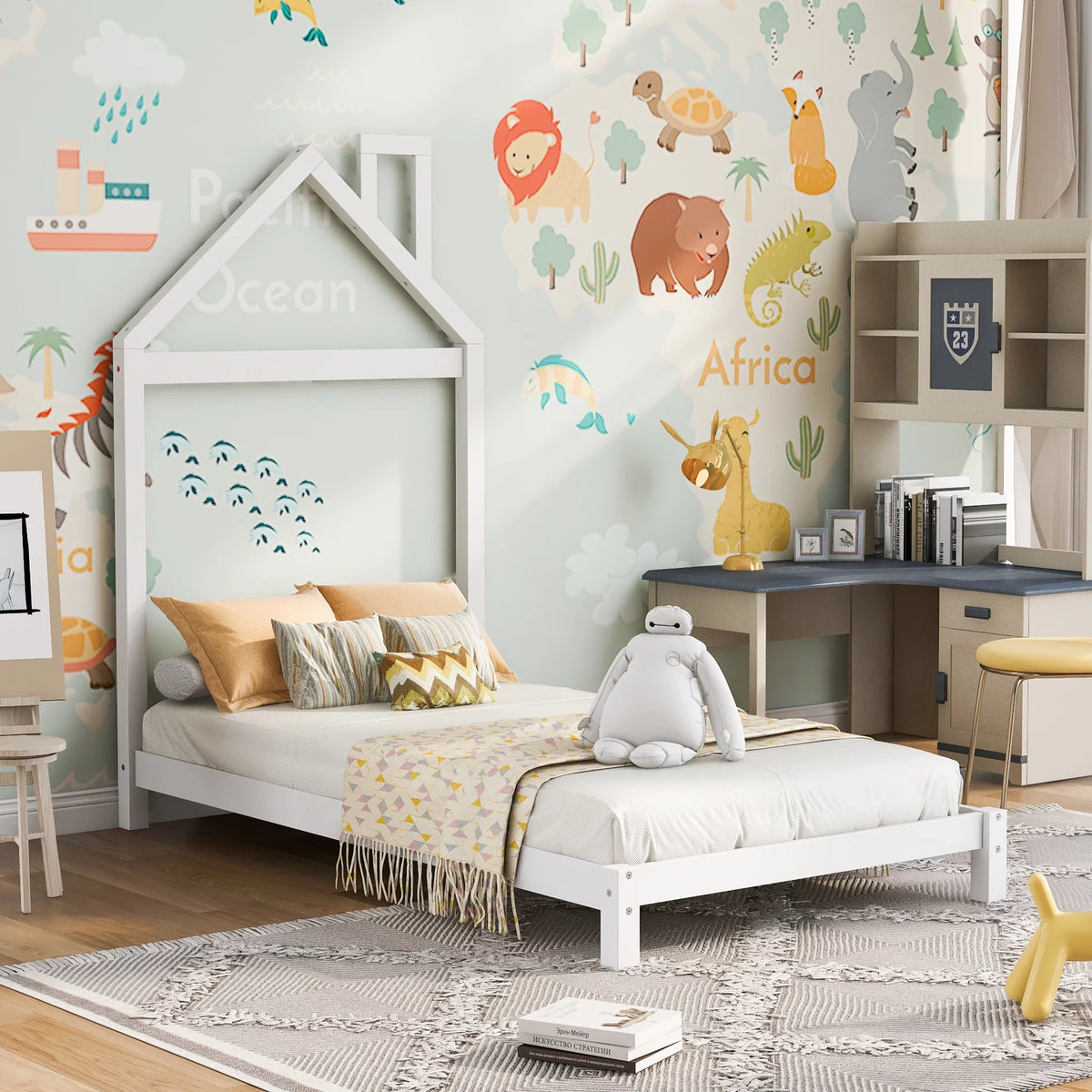 White Wood Twin Platform Bed with House Shaped Headboard D7326