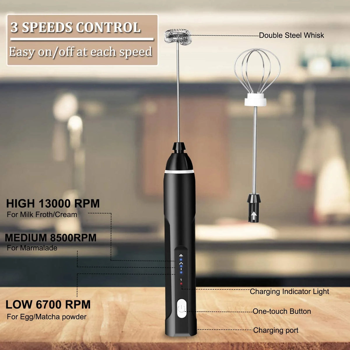Handheld Electric Milk Coffee Frother Stainless Steel Whisk Black N569350