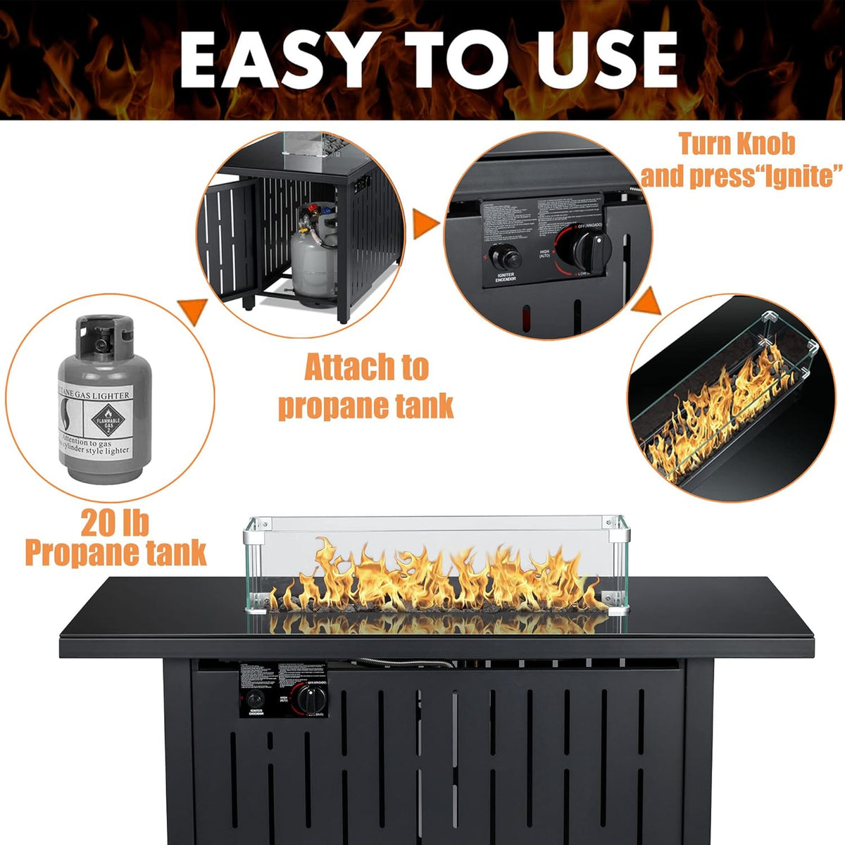 Propane Fire Pit Table 43 in 60,000BTU Auto-Ignition with Glass Wind Guard Q257504