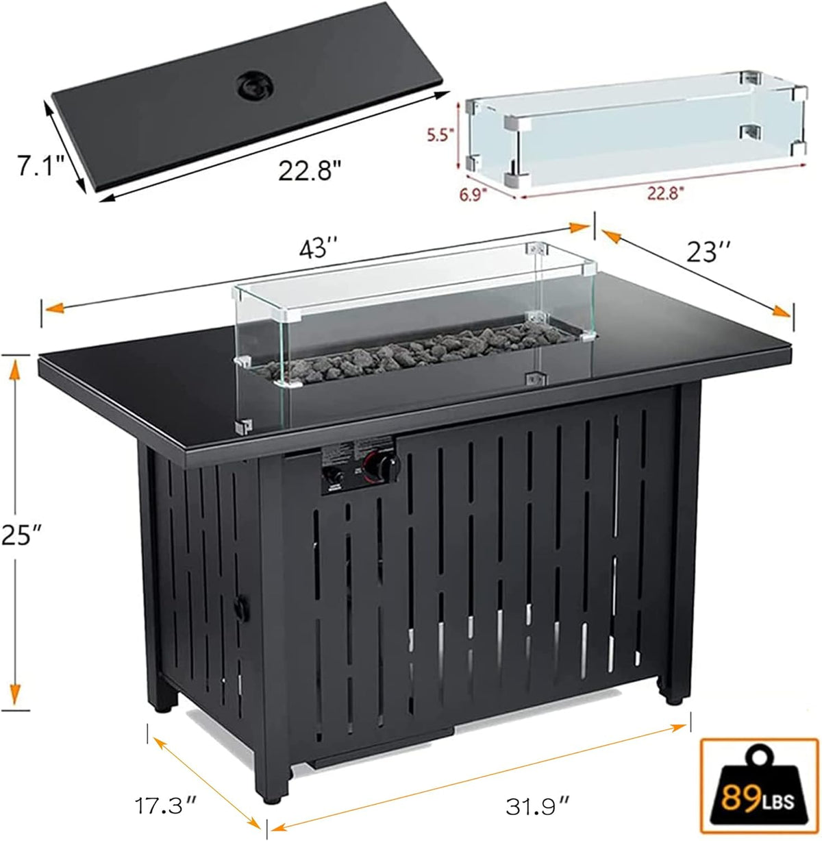 Propane Fire Pit Table 43 in 60,000BTU Auto-Ignition with Glass Wind Guard Q257504