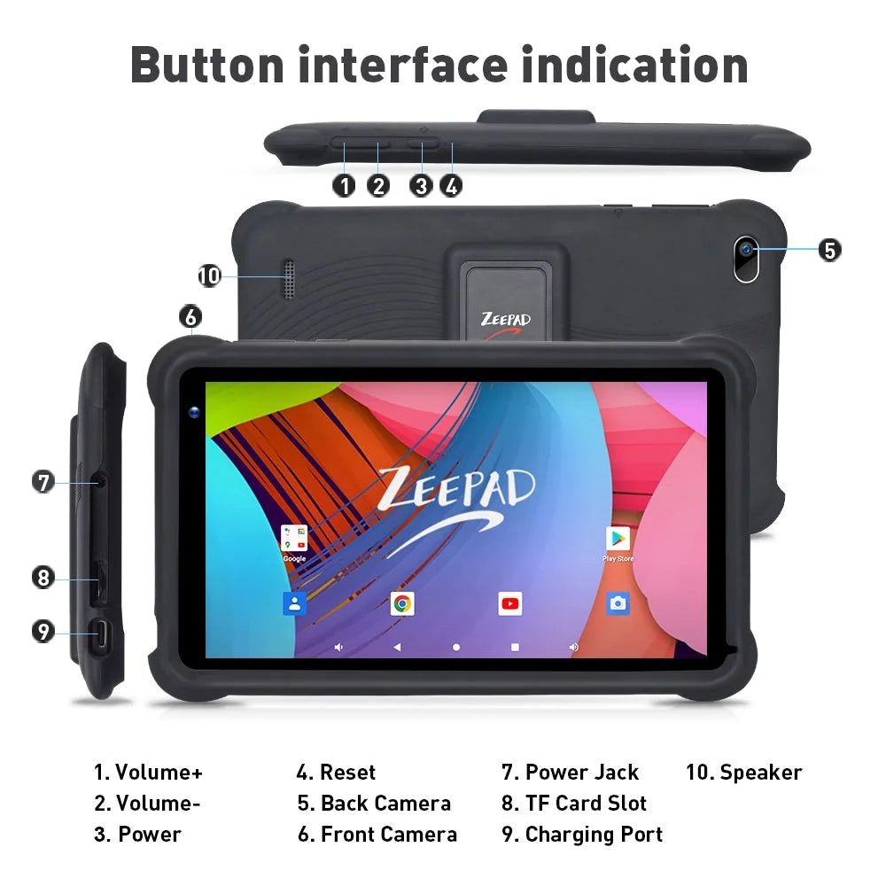 Black 7inch Kids Tablet Computer Android 12 32GB Storage Touch Screen A390