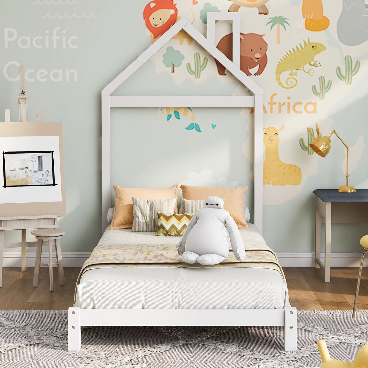 White Wood Twin Platform Bed with House Shaped Headboard D7326
