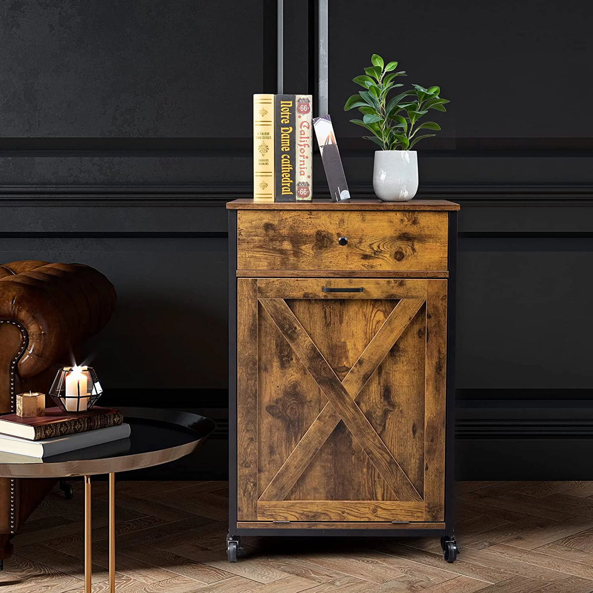 10 Gallon Rustic Brown Tilt Out Trash Cabinet with Drawer Y72839