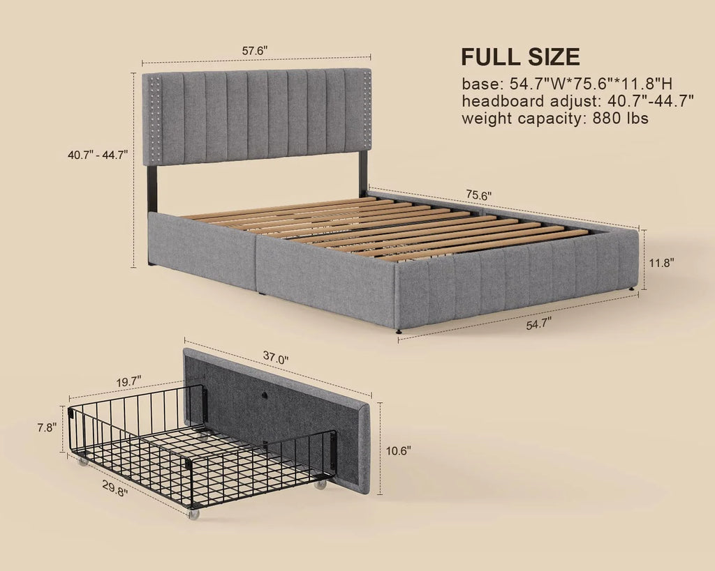 Light Grey Full Size Bed Frame with Storage Drawers M51127