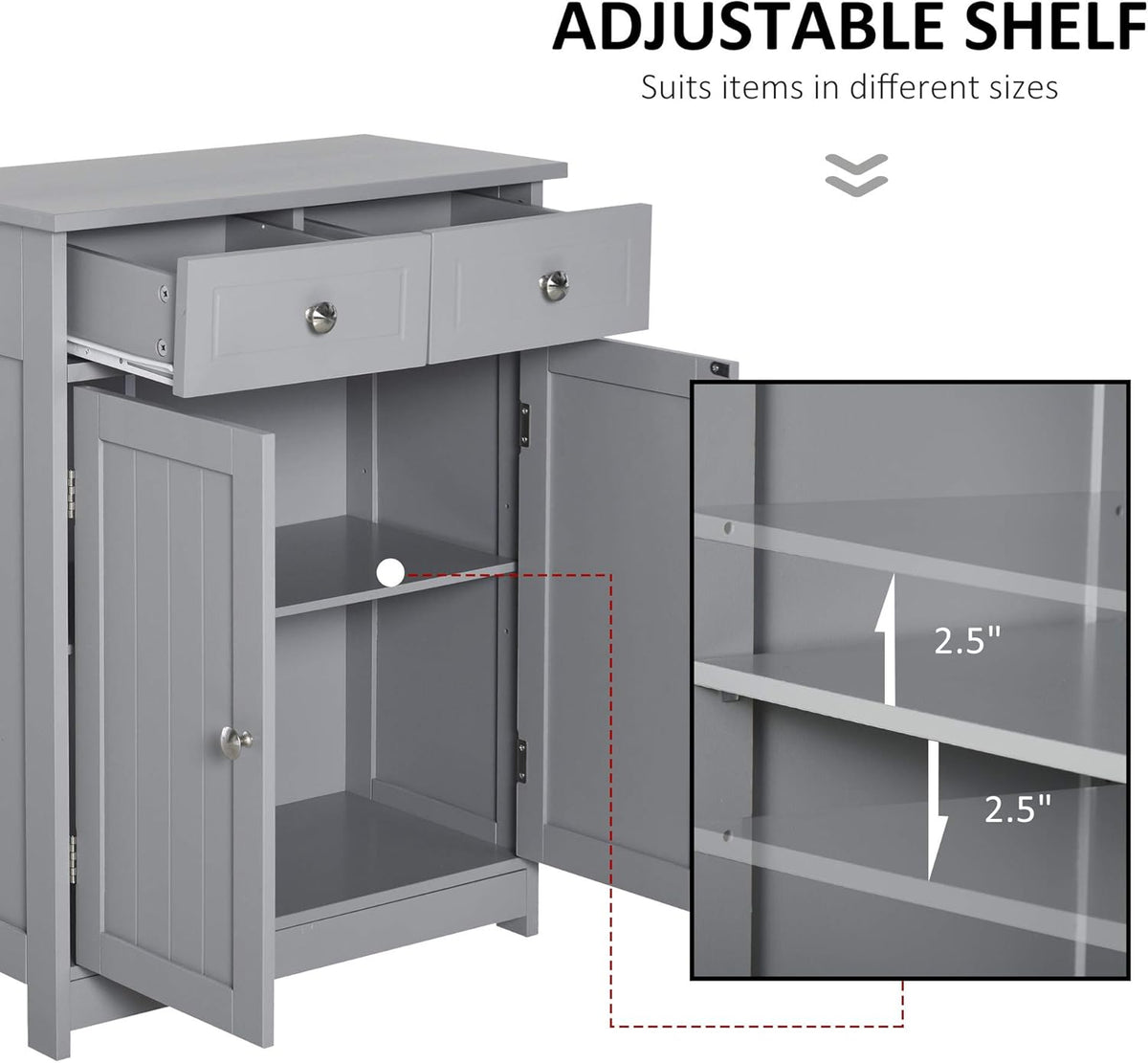 Grey Freestanding Bathroom Storage Cabinet with 2 Door, 2 Drawers, Adjustable Shelf R64578