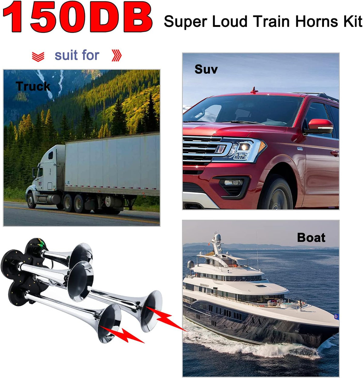 150DB Train Horns Kit with 120 PSI 12V Compressor and Gauge P857