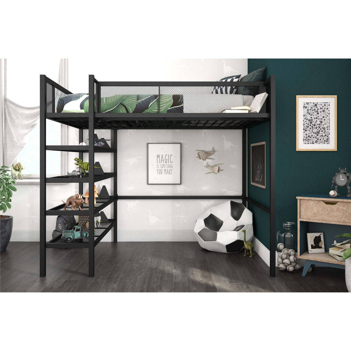 Black Metal Storage Loft with Bookcase F740