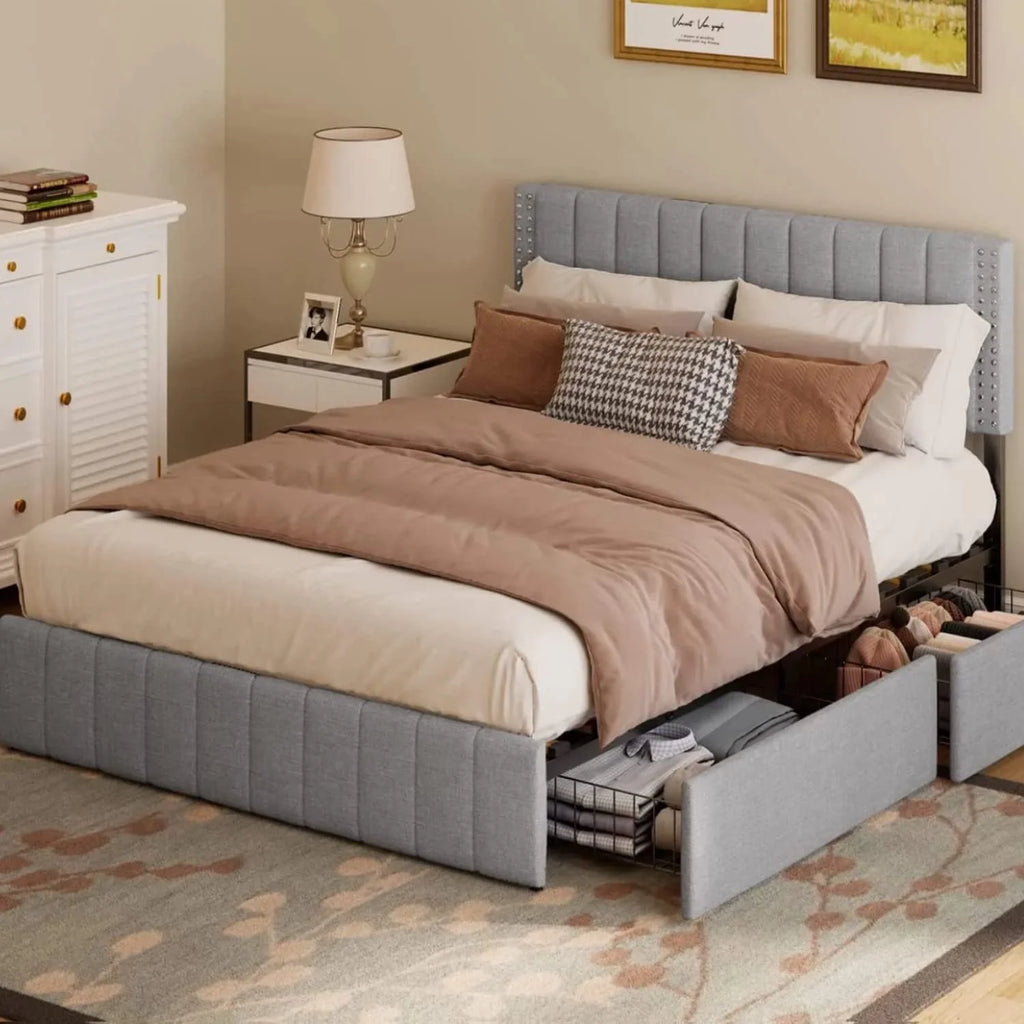 Light Grey Full Size Bed Frame with Storage Drawers M51127