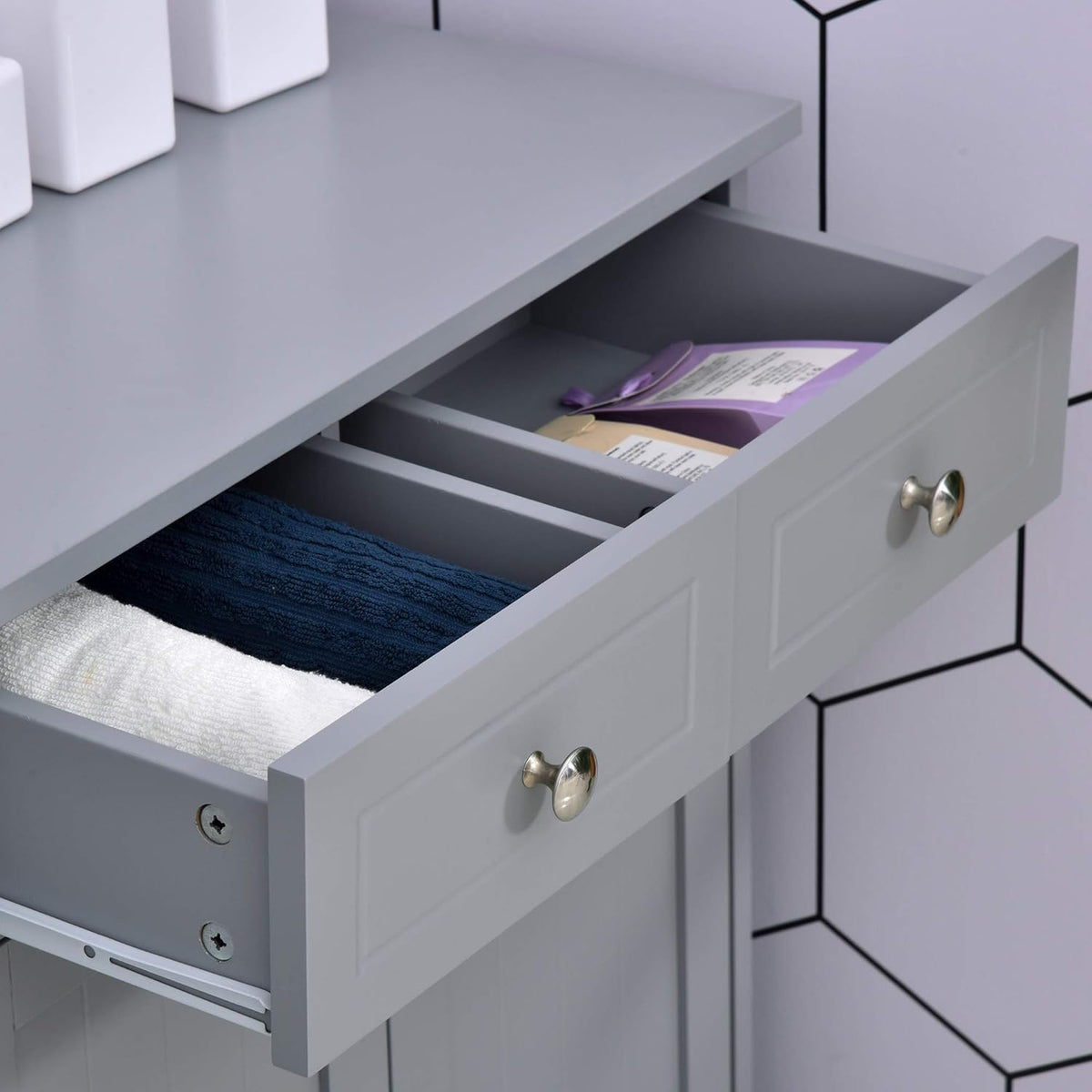 Grey Freestanding Bathroom Storage Cabinet with 2 Door, 2 Drawers, Adjustable Shelf R64578