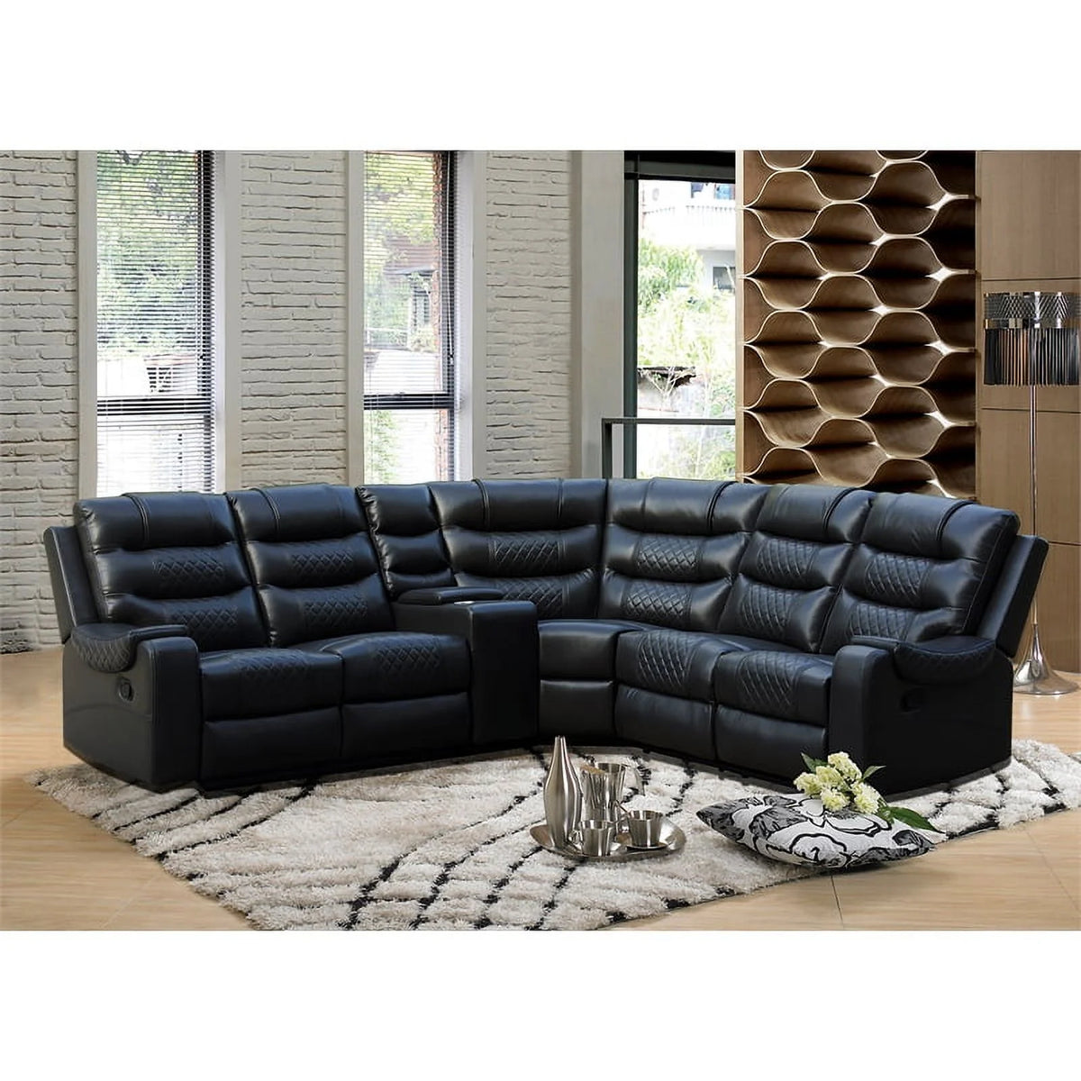 Black Faux Leather Reclining Sectional Y7060
