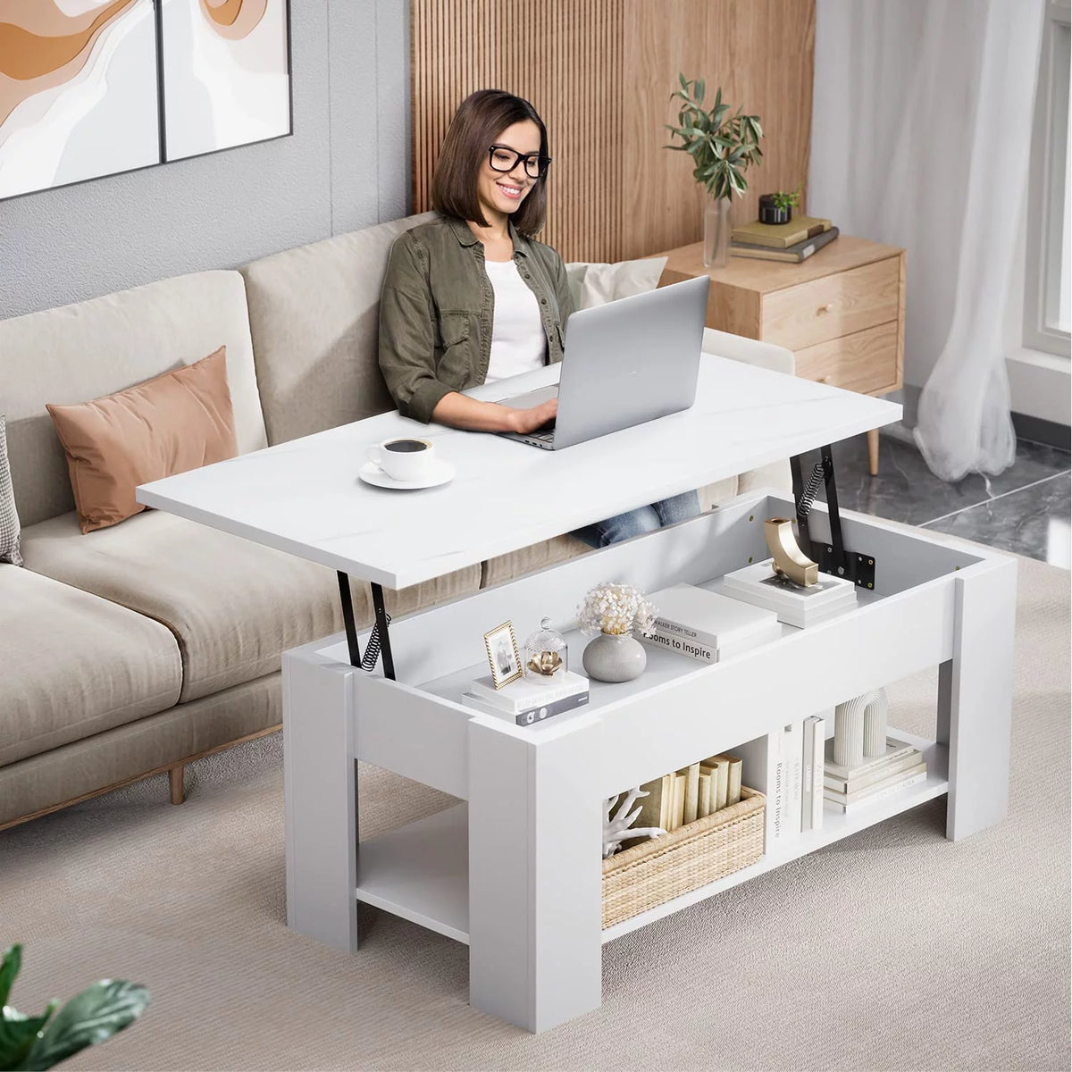 White Lift Top Coffee Table with Storage Compartment and Shelves V66061