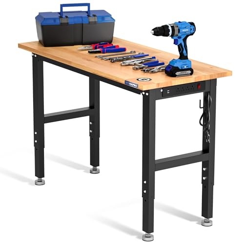 Adjustable 48"x22" Rubber Wood Top Workbench with Power Outlets J989