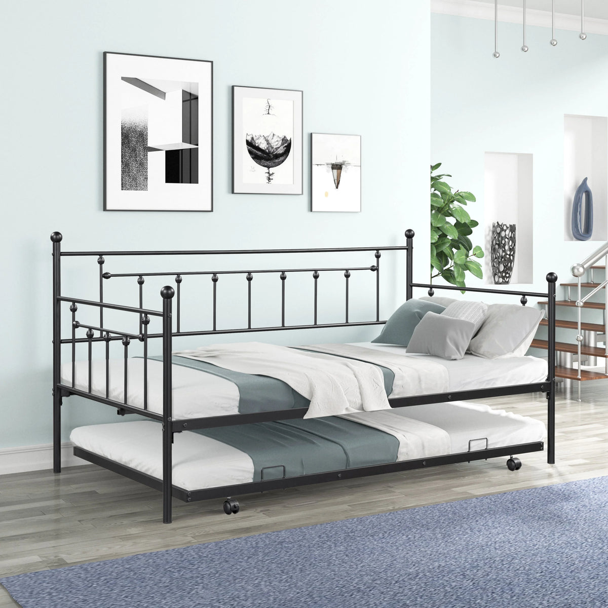 Twin Size Black Metal Daybed with Trundle I7225