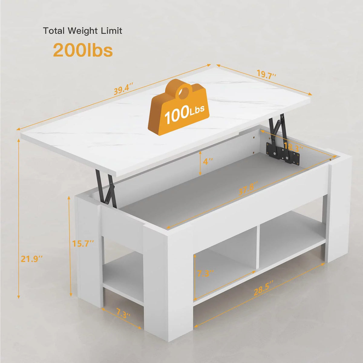 White Lift Top Coffee Table with Storage Compartment and Shelves V66061