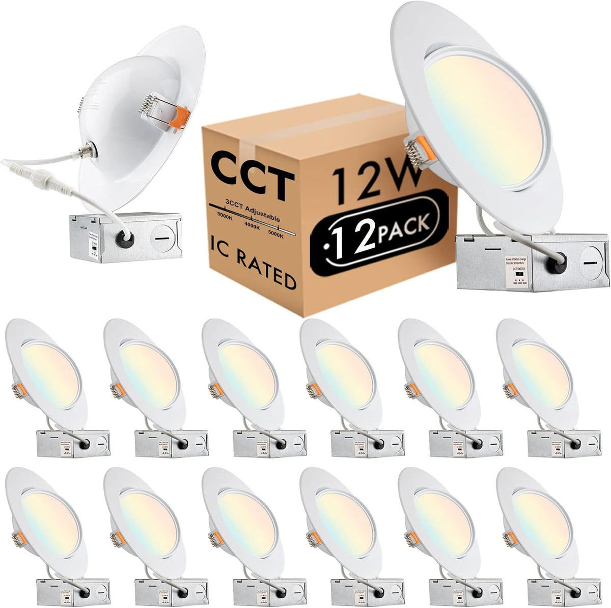 12 Pack 5/6 Inch Gimbal LED Recessed Light, Dimmable, 3000K/4000K/5000K, 12W=110W 1200LM, IC Rated Z249
