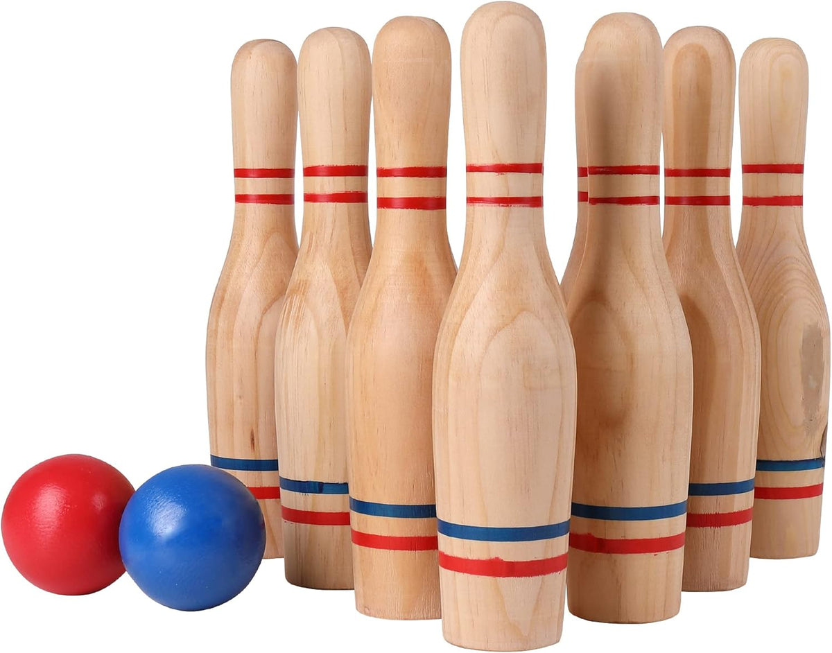 11 Pins Wooden Lawn Bowling Skittles Set with Carrying Mesh Bag V206303
